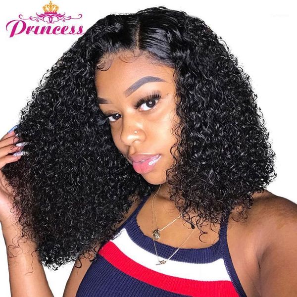

mongolian curly short human hair wigs for women 4x4 lace closure bob princess 150% density kinky human1, Black;brown