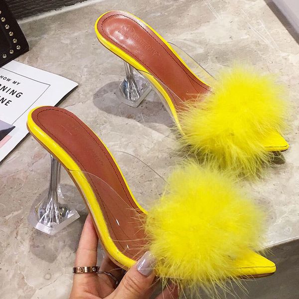 

dress shoes yellow pvc transparent women sandals crystal open toe high heels furry woman perspex spike heel mule zh05, Black