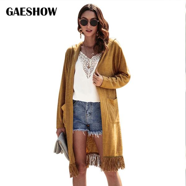 

women's sweaters gaeshow fashion soft hair tassel long cardigans women sweater 2021 autumn winter knitted hooded female coats, White;black