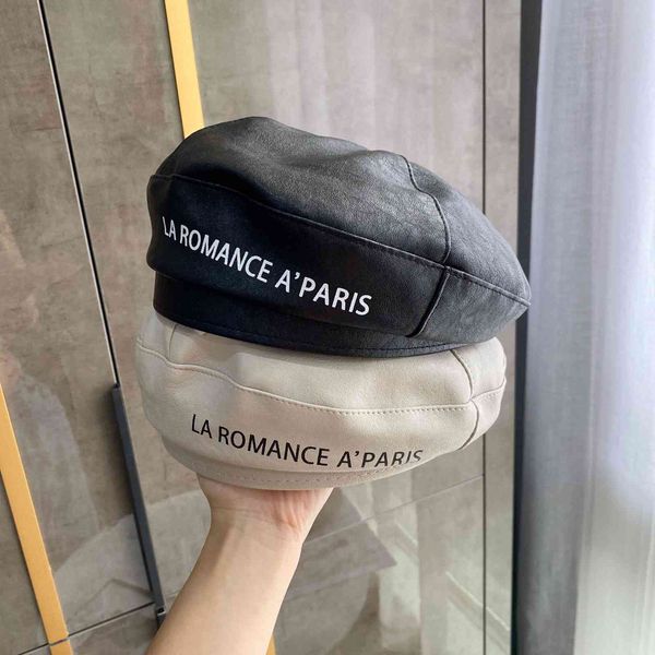 

hat girl autumn and winter pu leather beret, Blue;gray