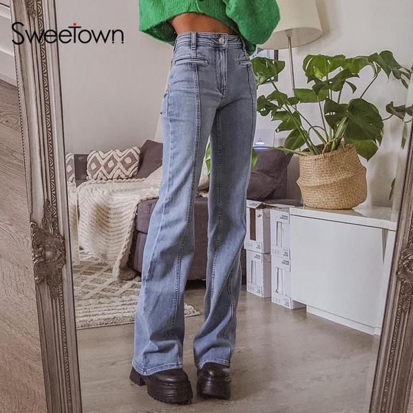 

sweetown 90s streetwear pentagram patches low waist jeans women y2k aesthetic denim trousers street outfits e girl flare pants women's, Blue