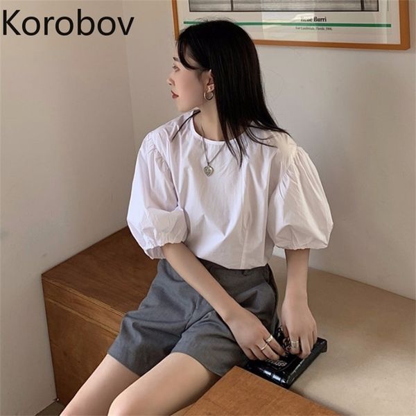 

korobov korean o neck puff sleeve women blouses spring summer newchic female shirts elegant solid blusas mujer 210430, White