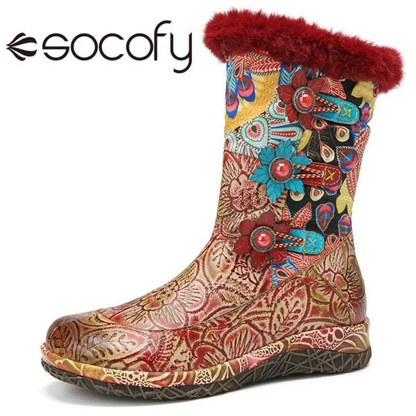 

boots socofy women warm elegant style colorful cloth beaded leather flat shoes casual outdoor botas de mujer 2021, Black