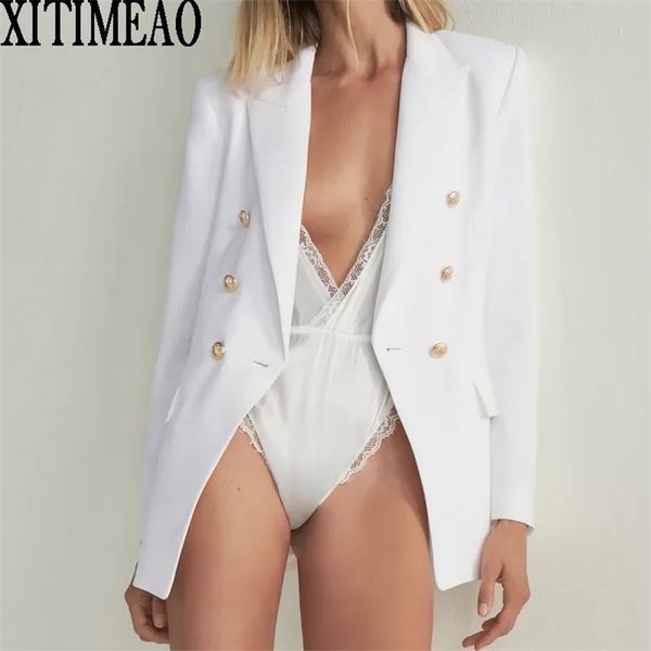 

za women fashion with metal buttons blazers coat vintage long sleeve back vents female outerwear chic 211122, White;black