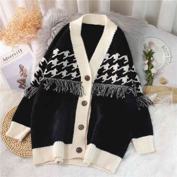 

women's sweaters jacket with low-cut v, knitted or crocheted fringe and patchwork, autumn kf15, White;black