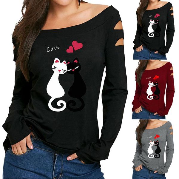 

kawaii woman tshirts casual cat love printing cold shoulder shirt long sleeve spring summer elegant t-shirt ladies women's, White