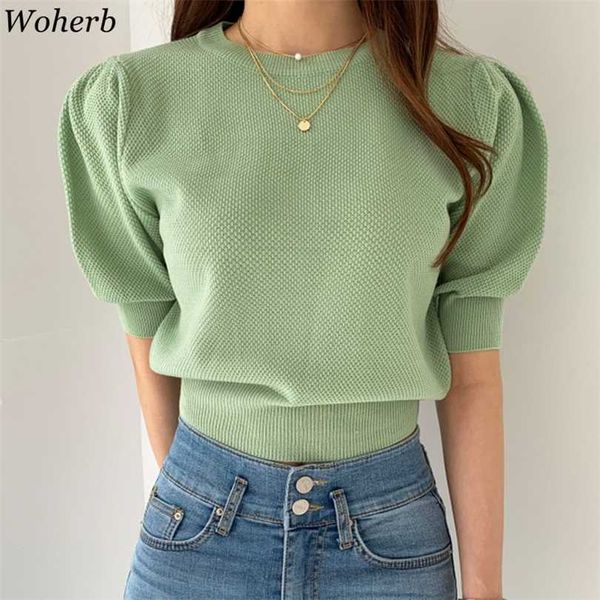 

woherb summer korean chic pullover women casual short puff sleeve knitwear vintage all-match jumper sueter mujer 211018, White;black