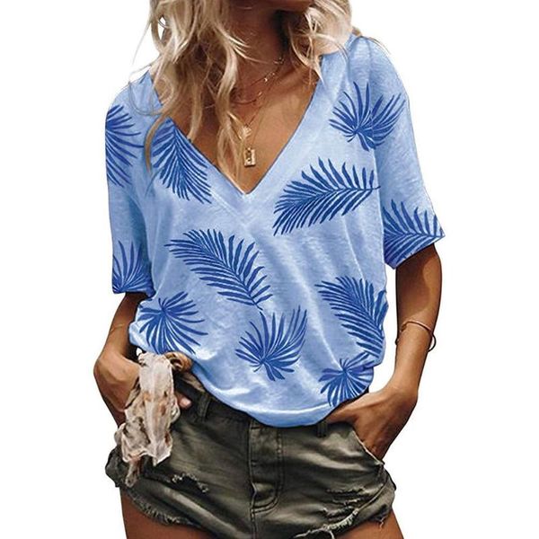 

women t-shirts summer casual v neck short sleeve leaves print pullover loose t-shirt women's clothing 2021, White