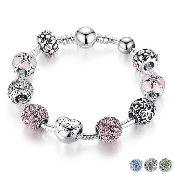 

charm bracelets bamoer silver plated bracelet & bangle with love and flower beads women wedding jewelry 4 colors 18cm 20cm 21cm pa1455, Golden;silver