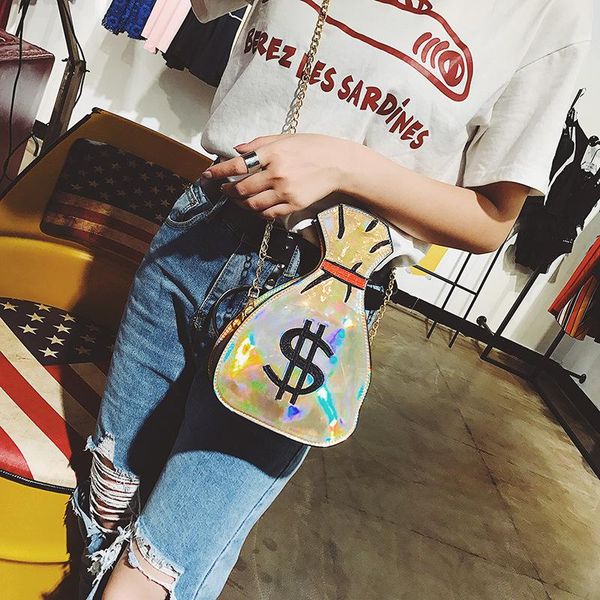 

creative funny laser money shape women shoulder bags designer chains messenger crossbdoy bag luxury pu leather gold small purses cross body