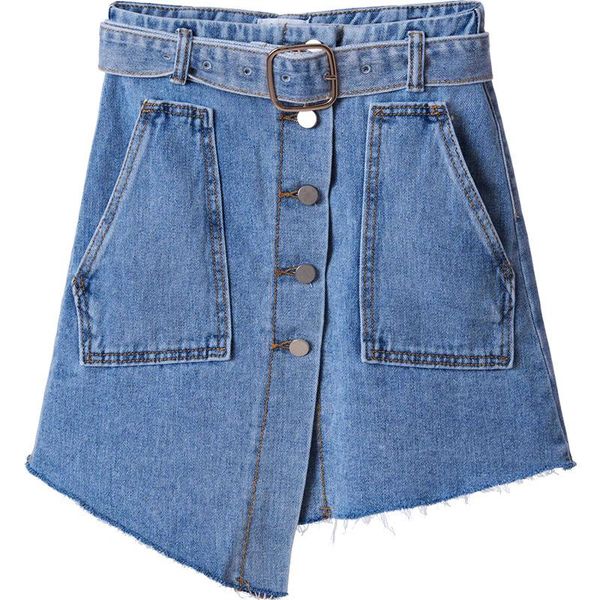 

skirts high waist denim short skirt women single breasted big pocket asymmetry package hip jean loose a-line mini female, Black