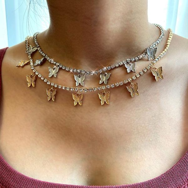 

chains fashion butterfly pendant necklace rhinestone tennis chain for women gold silver color metal clavicle choker punk jewelry gift