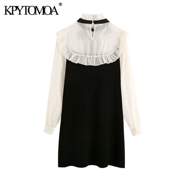 

2021kpytomoa women 2021 fashion with tied organza patchwork knitted mini dress vintage high collar long sleeve female dresses mujer, Black;gray