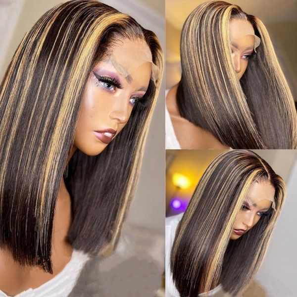 

short bob silk straight highlight blonde 13x6 lace human hair wigs with baby brazilian for women natural hairline, Black;brown