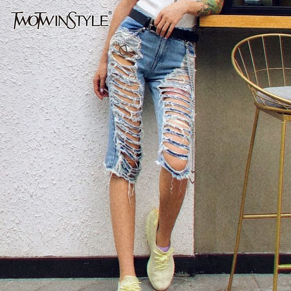 

twotwinstyle streetwear hole jeans for women high waist patchwork tassel casual straight pants female summer fashion 210517, Blue