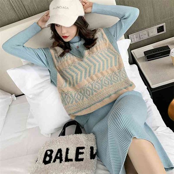 

autumn winter suit korean style knitted 2 piece set women twisted geometric pull femme sweater pullover vest + bodycon skirt 210514, White