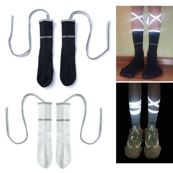 

sports socks women's with cross tie leg reflective luminous woman sport camping cycling running, Black