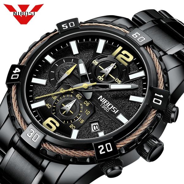 

wristwatches nibosi men watch male creative business chronograph big dial quartz clock stainless steel waterproof relogio masculin, Slivery;brown