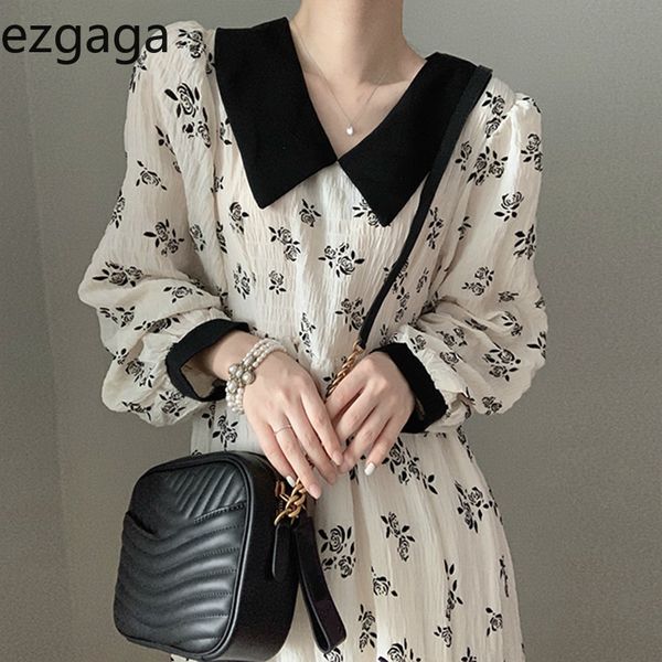 

ezgaga elegant floral printed dress women chic autumn vintage turn-down collar long puff sleeve french style dresses vestidos 210430, Black;gray