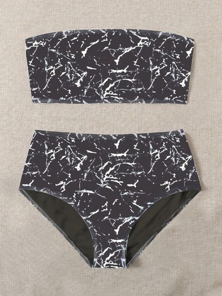 

plus marble print bandeau bikini swimsuit b6m4#, Black
