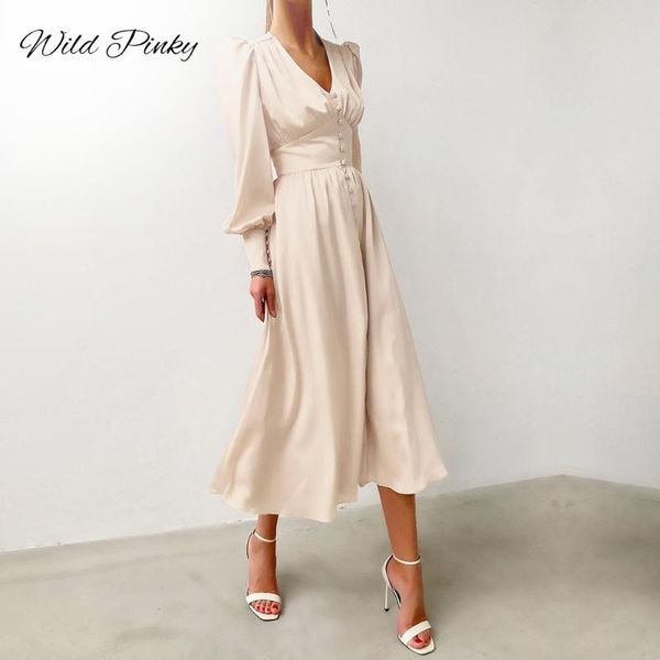 

casual dresses wildpinky elegant satin lartern sleeve a-line dress women v-neck high waist button solid vintage long vestidos, Black;gray