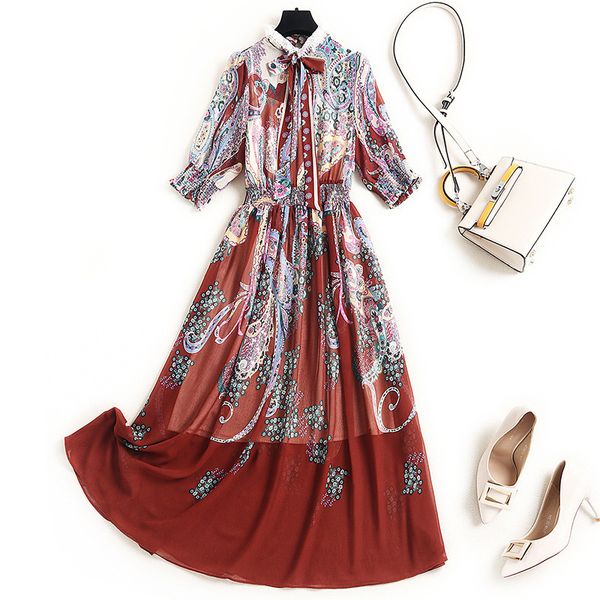

fine national euro style chiffon 2021 summer women's lace up slim print 17557, Red