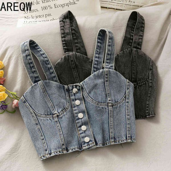 

korean single breasted short slim denim halter 210507, White