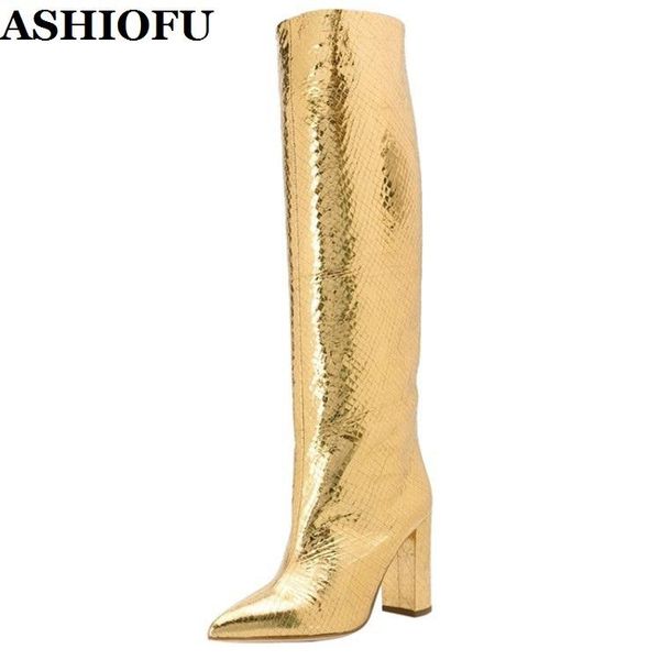 

boots ashiofu handmade ladies chunky heel shinny bright leather knee high club evening fashion winter, Black