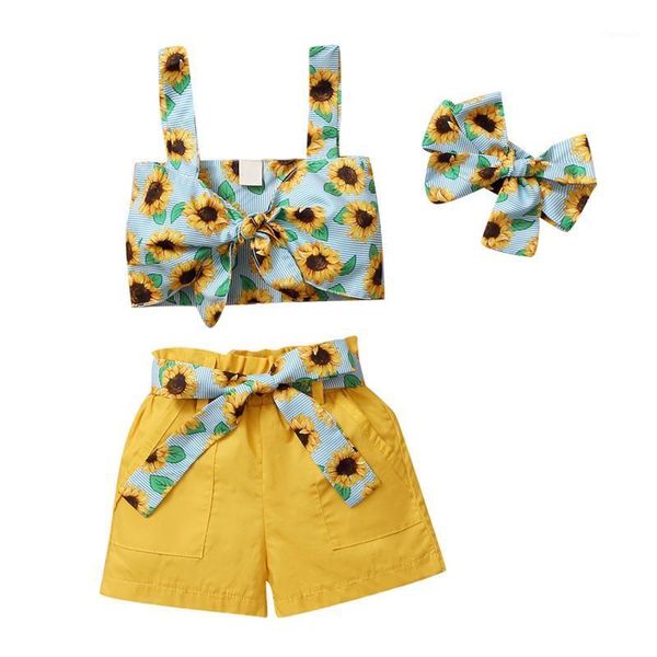 

summer toddler baby clothes girls shorts bowknot sunflower printed casual suspender outfits clothing sets, White