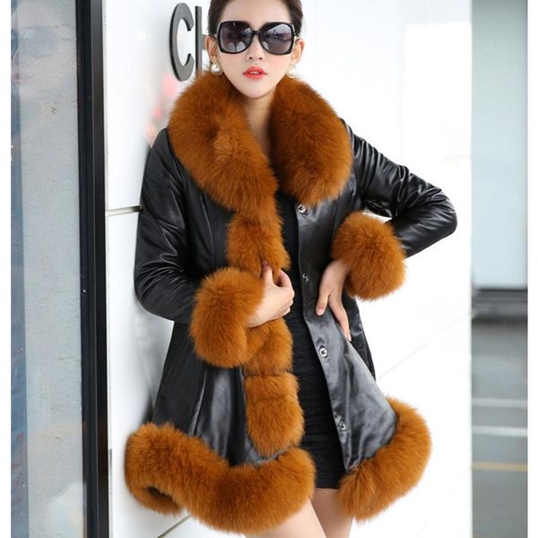 

women's fur & faux [ewq] korea chic 2021 winter women thickened warm lapel lady leather spliced long sleeve coat female tide 16e4163, Black