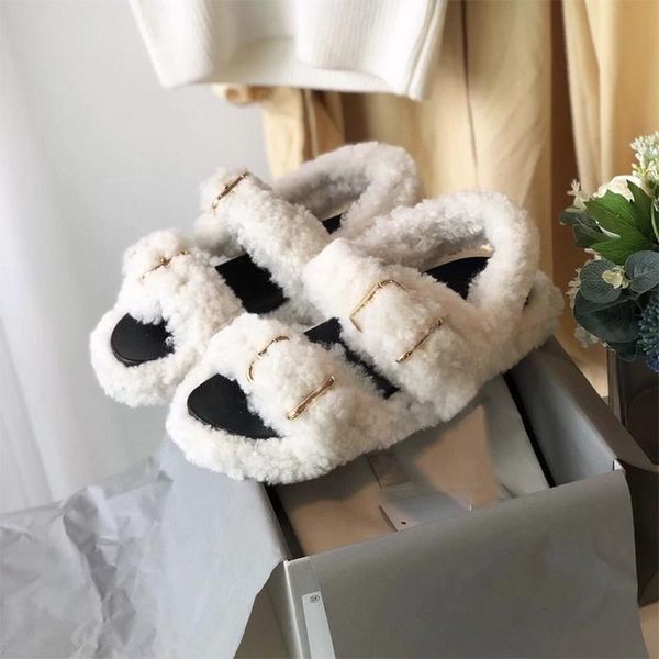 

fur double buckle strap slippers winter indoor slip on creepers flipflops flat heel cut-out slides brief girls furry sandals, Black