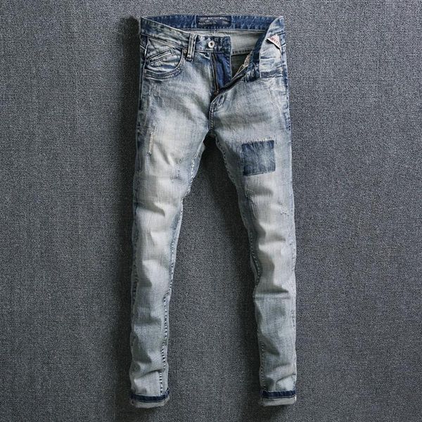 

streetwear men jeans slim fit light blue ripped for denim long pants hombre hip hop homme men's