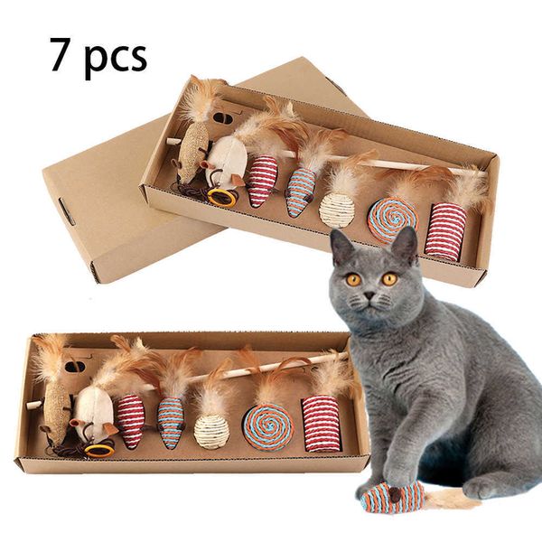 7 pcs substituição gato brinquedo conjunto vara teaser penas bola mouse com mini bell interactive s s pet produtos 210929