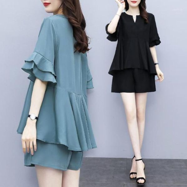 

women's tracksuits 2021 women spring summer vintage 2 piece set female ruffles chiffon + wide-leg shorts suit lady casual solid loose, Gray