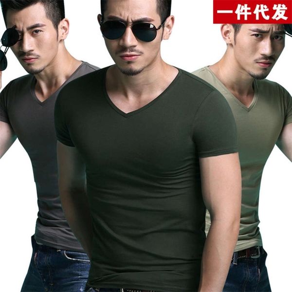

men's t-shirts spring and summer v-neck slim fit short sleeve t-shirt youth tight base shirt lycra cotton 180g / m2 85018 2g18, White;black