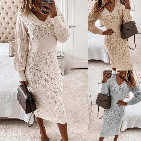 

casual dresses women's solid color costume knitted v-neck hollow lantern sleeve knit dress, Black;gray
