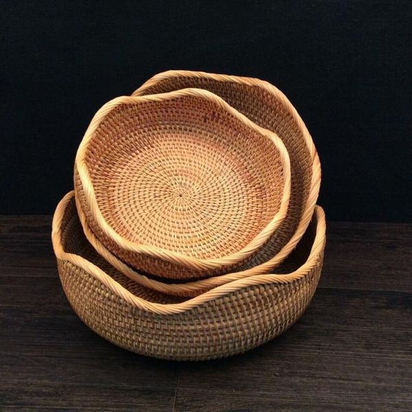 

kitchen storage & organization 1/3pcs round rattan woven tray fruit tea basket bowl for party cafe breakfast treat serving organizer supplie