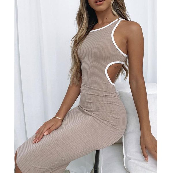 

casual dresses women summer party birthday dress sleeveless o neck ribbed slim stretch bodycon vestidos lady fashion open back, Black;gray
