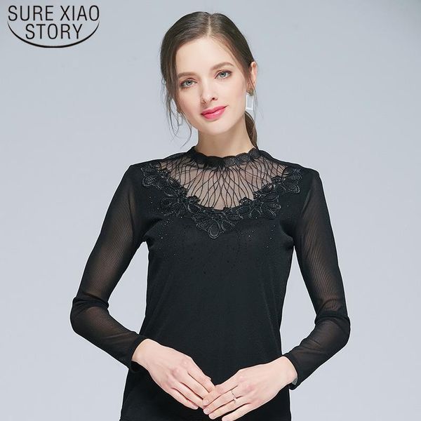 Frauen Blusen Shirts Frühling Herbst Spitze Unten Frauen Schwarz Mesh Langarm Top Dünne Schlank Solide Rollkragen Frauen 6633 50