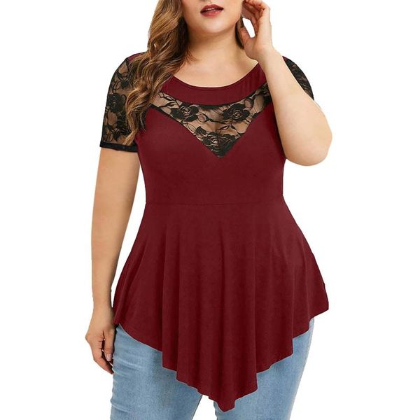 

plus size t-shirt elegant lace women clothing solid floral o-neck asymmetric tunic shirts sleeve blouse large tunics, Black