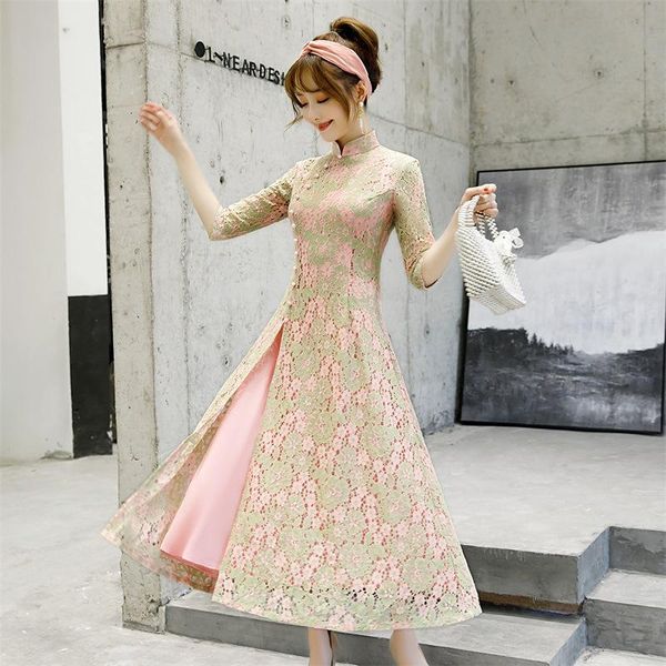 

ethnic clothing fashion vietnam qipao lace cheongsam modern yai plus size -4xl, Red