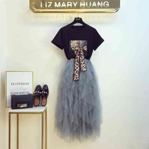 

summer women 2pcs skirt set leopard print tshirts irregular mesh skirt sets, Gray