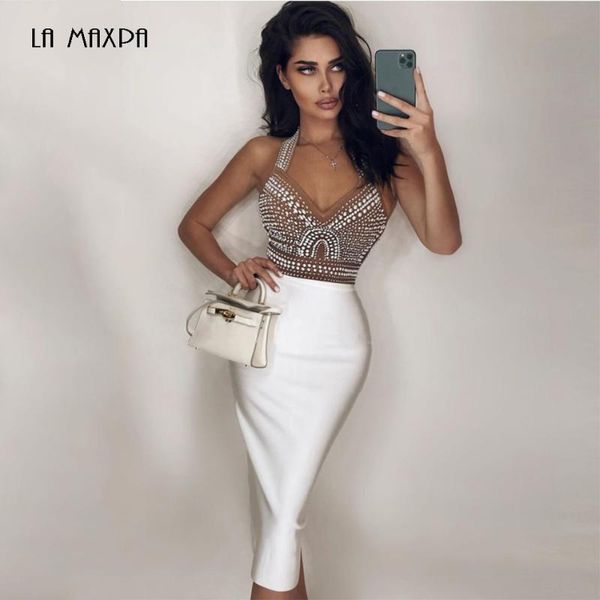 

casual dresses 2021 women's fashion pearl beaded halter backless dress bodycon club party bandage, Black;gray