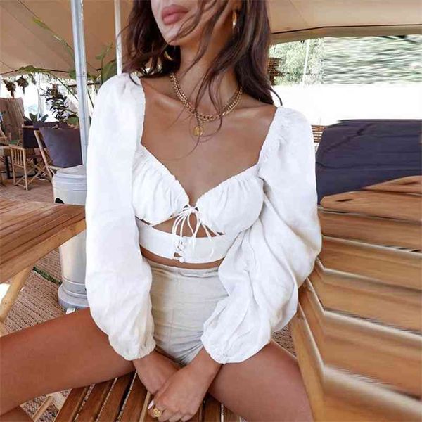 

french romance white crop women autumn hollow out long sleeve v neck ladies casual solid 210607