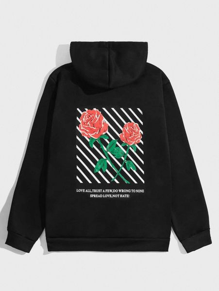 

romwe guys floral slogan graphic thermal lined hoodie t9lf#, Black