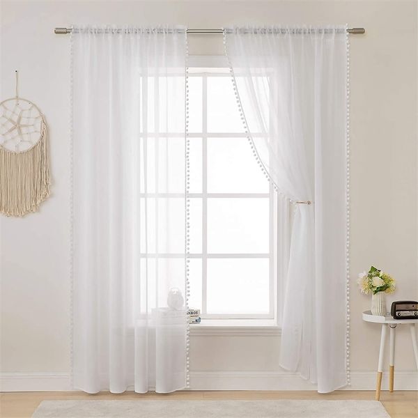 Branca Cortina de Voile para sala de estar moderna borla cortina sheer sólido bola pompom tulle cortinas home quarto decoração D30 211203