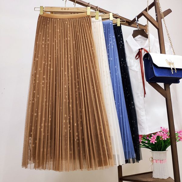 

fashion summer big vintage skirts full of stars bronzing pleated for womens long a-line mesh skirt clothing 210420, Black