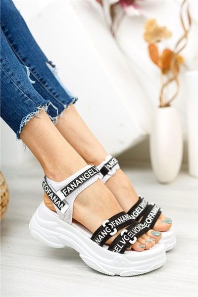 

sandals petra women white printed double banded thick soled, Black