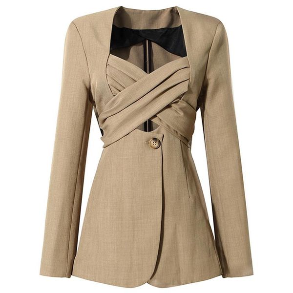 

women's suits & blazers women khaki bow cross bandage blazer v-neck long sleeve loose fit jacket fashion tide spring autumn 2021, White;black