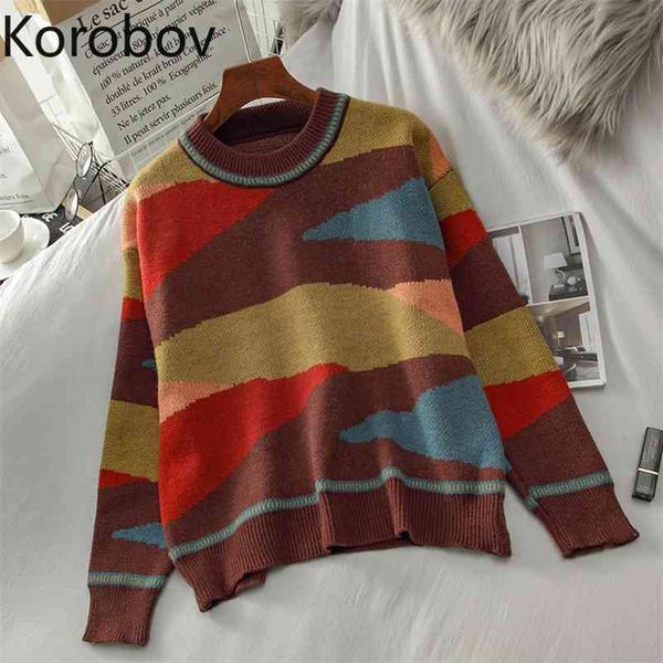 

korobov korean autumn winter thick o neck hit color patchwork striped harajuku sweaters vintage long sleeve streetwear pullovers 210430, White;black